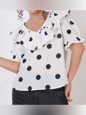 White Polka Dot Ruffle Neck Top